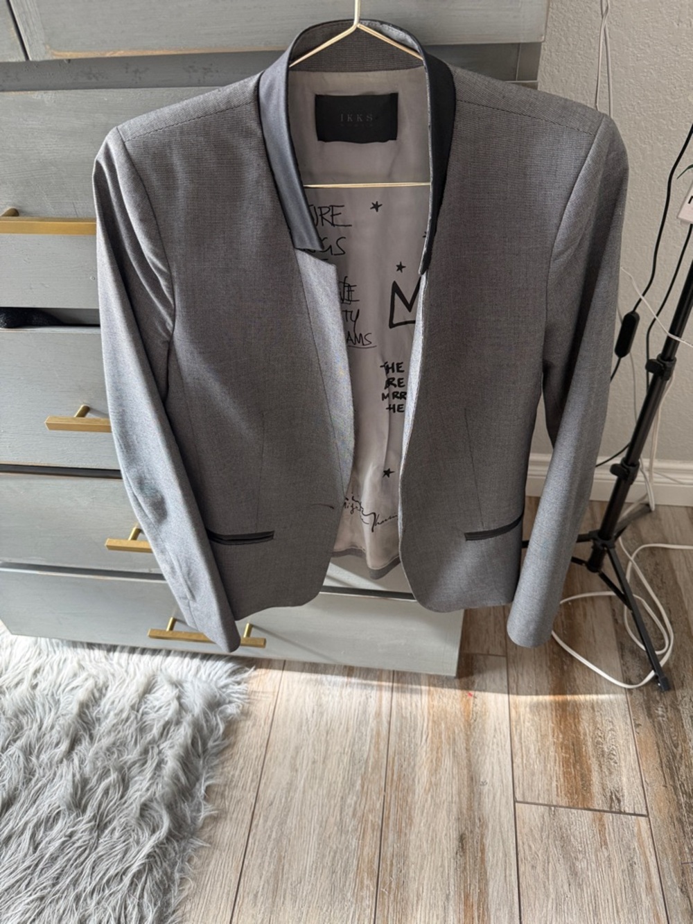 Ikks Light Gray Open-Front Blazer with Black Trim